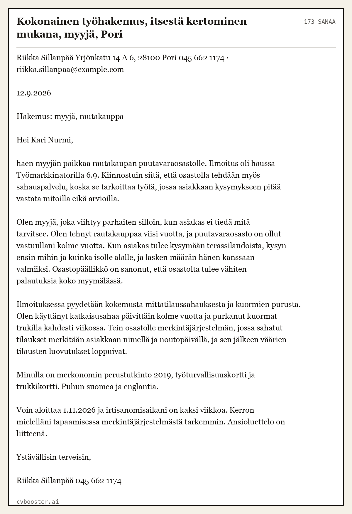 Valmis esimerkki: Kokonainen työhakemus, itsestä kertominen mukana, myyjä, Pori, 173 sanaa