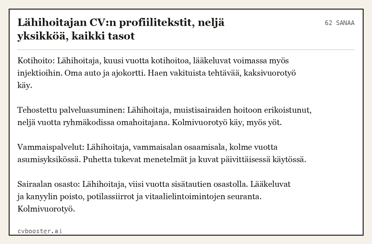 Valmis esimerkki: Lähihoitajan CV:n profiilitekstit, neljä yksikköä, kaikki tasot, 62 sanaa