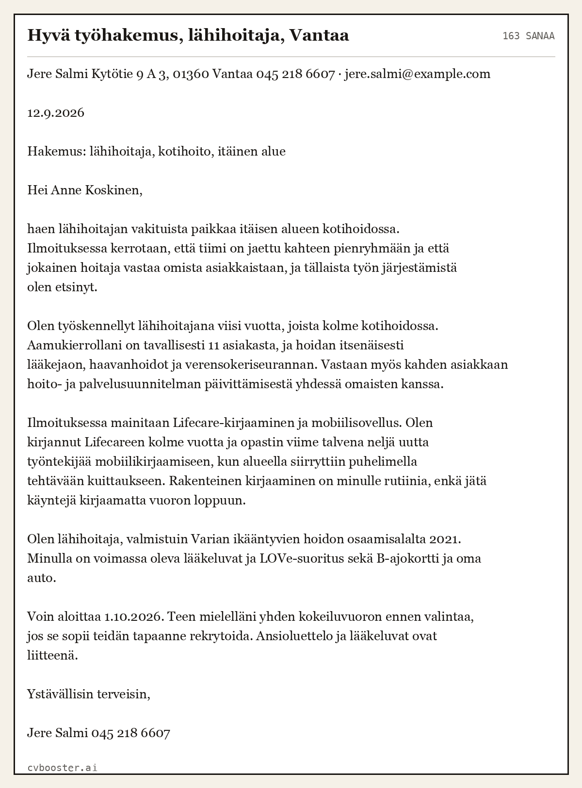 Valmis esimerkki: Hyvä työhakemus, lähihoitaja, Vantaa, 163 sanaa