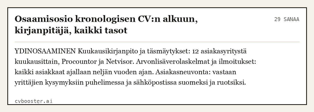 Valmis esimerkki: Osaamisosio kronologisen CV:n alkuun, kirjanpitäjä, kaikki tasot, 29 sanaa