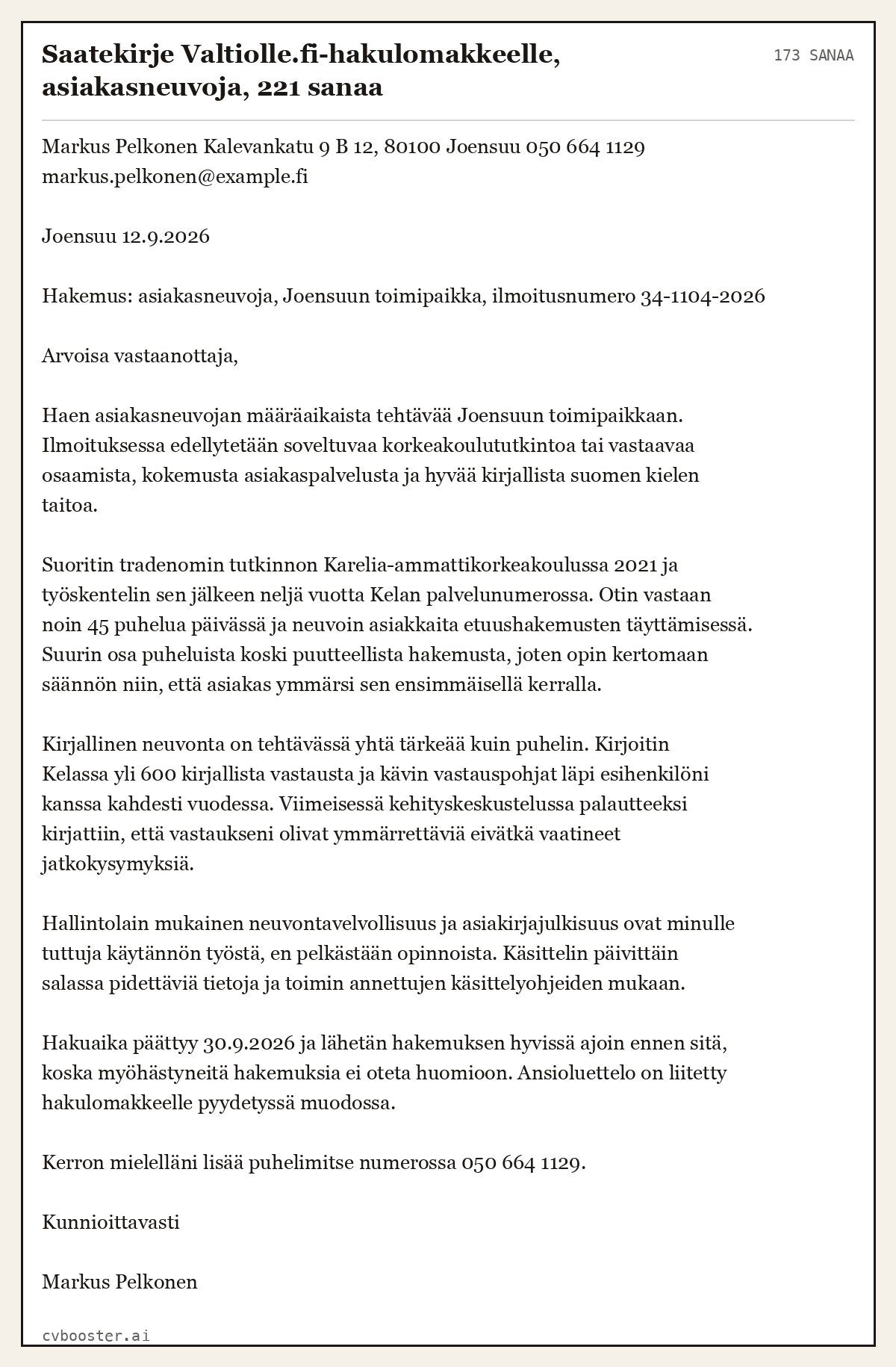 Valmis esimerkki: Saatekirje Valtiolle.fi-hakulomakkeelle, asiakasneuvoja, 221 sanaa, 173 sanaa