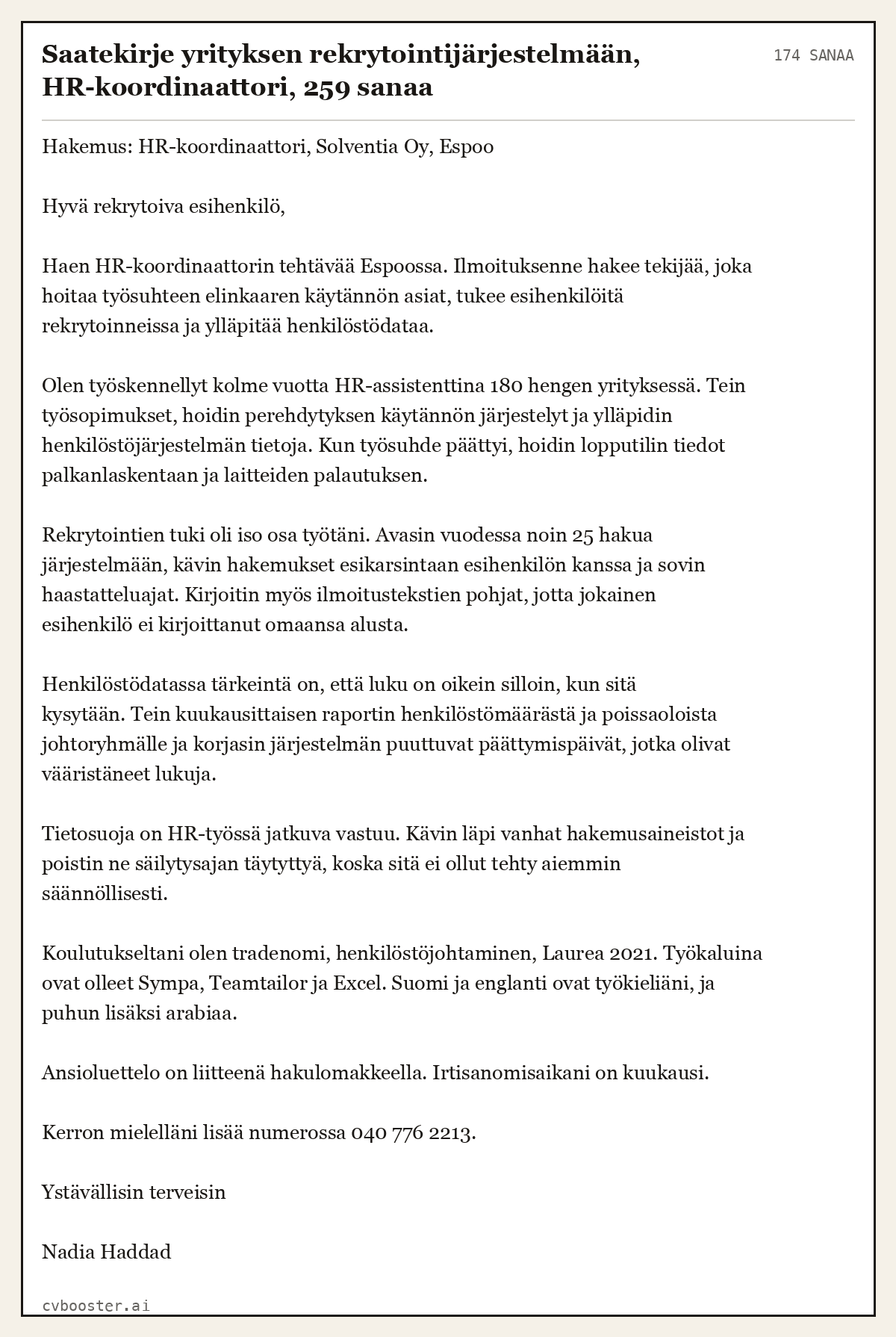 Valmis esimerkki: Saatekirje yrityksen rekrytointijärjestelmään, HR-koordinaattori, 259 sanaa, 174 sanaa