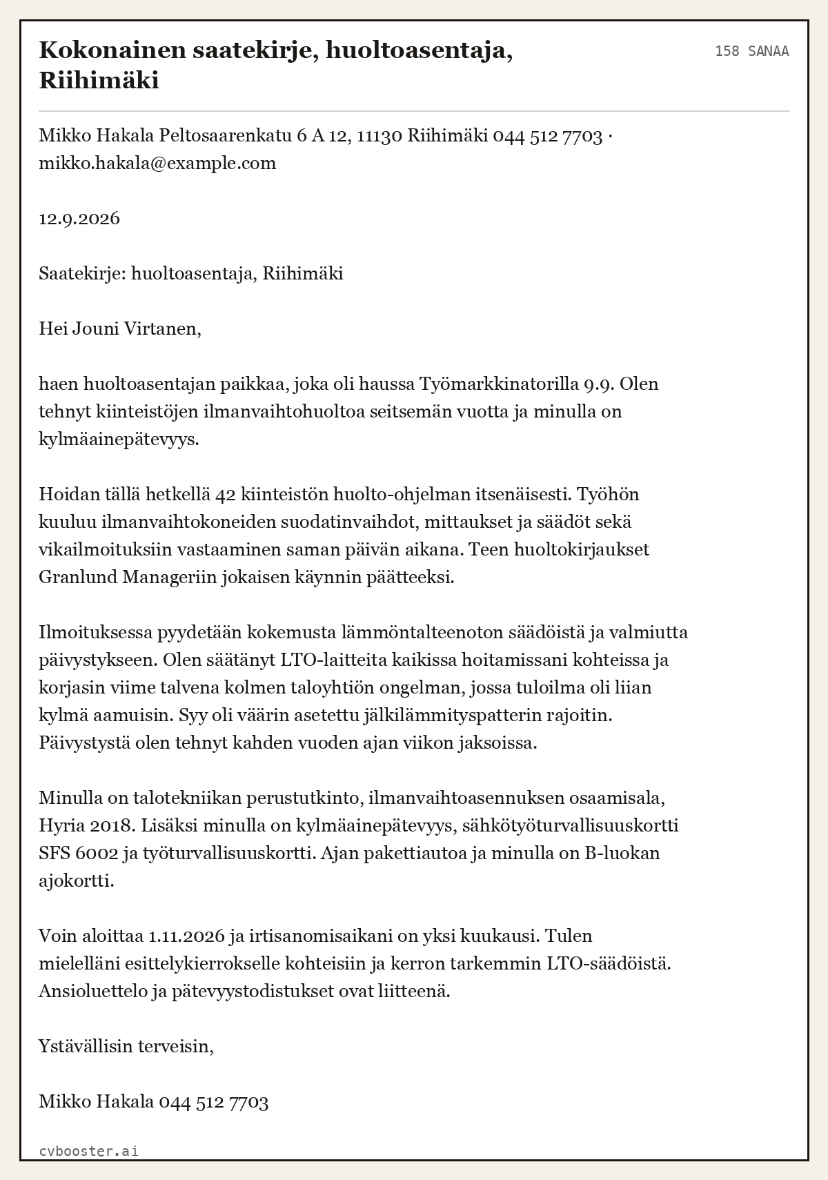 Valmis esimerkki: Kokonainen saatekirje, huoltoasentaja, Riihimäki, 158 sanaa