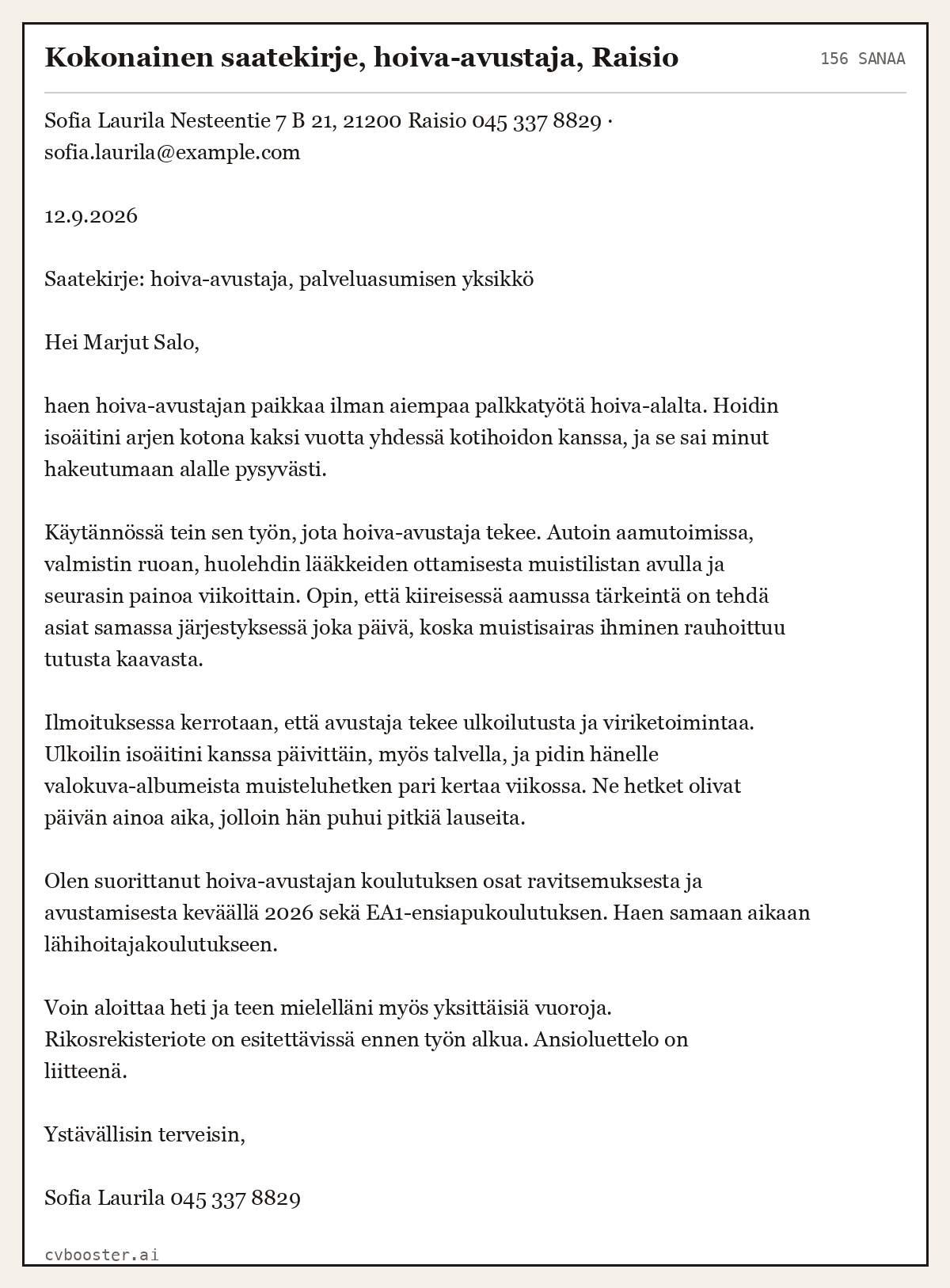 Valmis esimerkki: Kokonainen saatekirje, hoiva-avustaja, Raisio, 156 sanaa