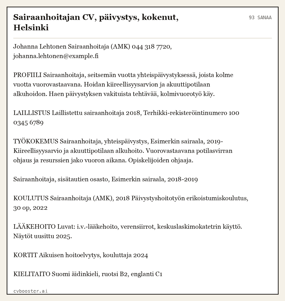 Valmis esimerkki: Sairaanhoitajan CV, päivystys, kokenut, Helsinki, 93 sanaa