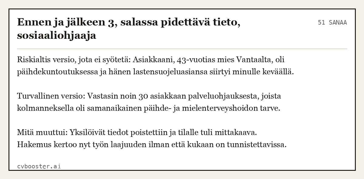 Valmis esimerkki: Ennen ja jälkeen 3, salassa pidettävä tieto, sosiaaliohjaaja, 51 sanaa