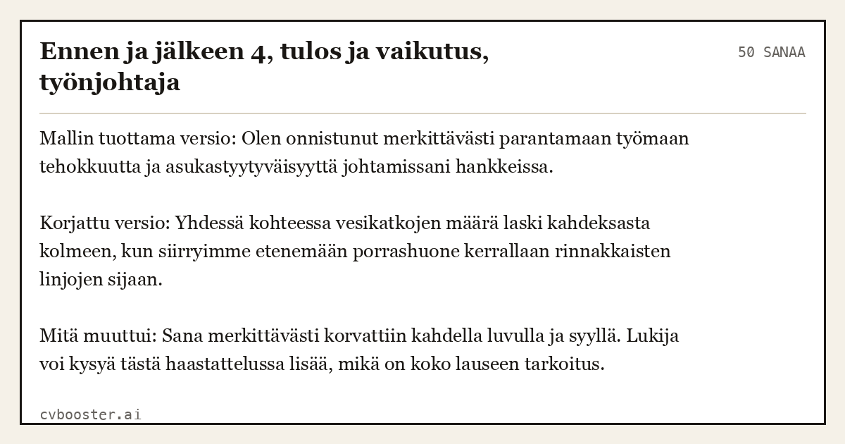 Valmis esimerkki: Ennen ja jälkeen 4, tulos ja vaikutus, työnjohtaja, 50 sanaa