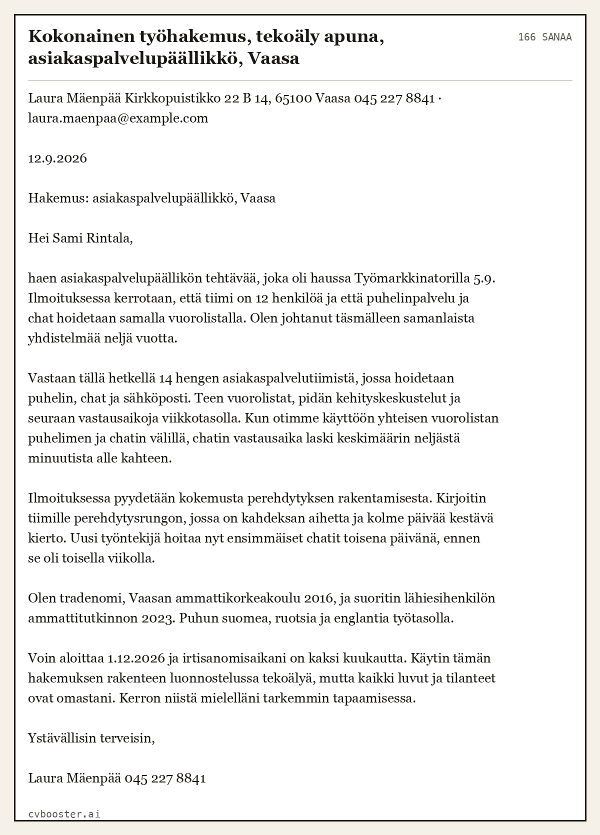 Valmis esimerkki: Kokonainen työhakemus, tekoäly apuna, asiakaspalvelupäällikkö, Vaasa, 166 sanaa