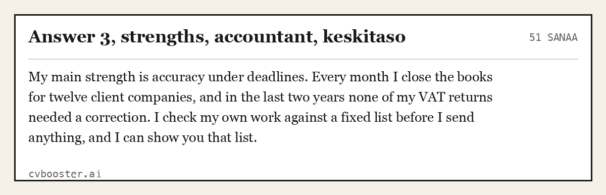 Valmis esimerkki: Answer 3, strengths, accountant, keskitaso, 51 sanaa