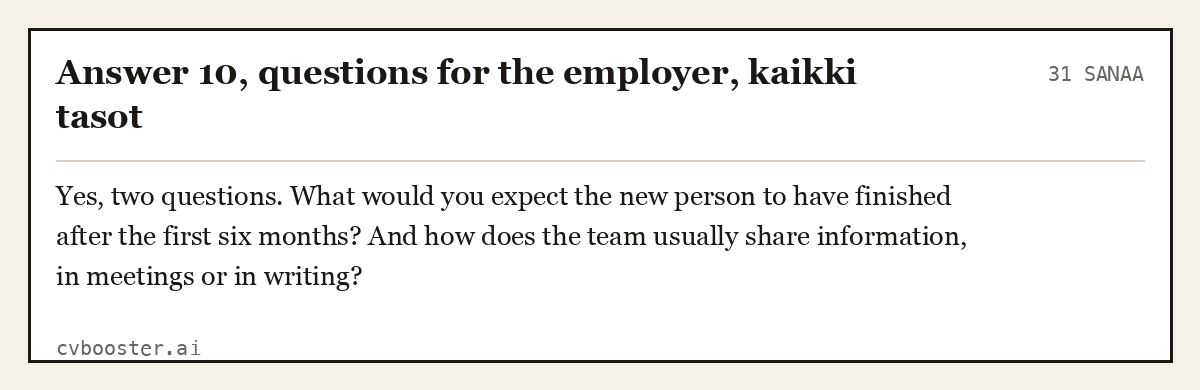 Valmis esimerkki: Answer 10, questions for the employer, kaikki tasot, 31 sanaa