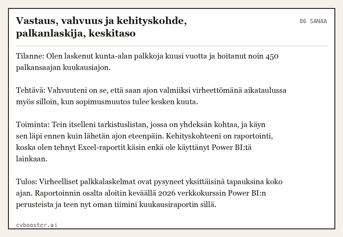 Valmis esimerkki: Vastaus, vahvuus ja kehityskohde, palkanlaskija, keskitaso, 86 sanaa