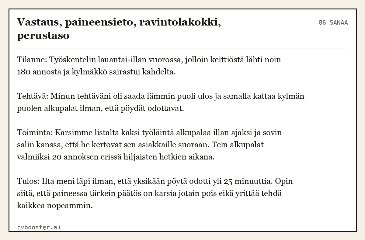 Valmis esimerkki: Vastaus, paineensieto, ravintolakokki, perustaso, 86 sanaa