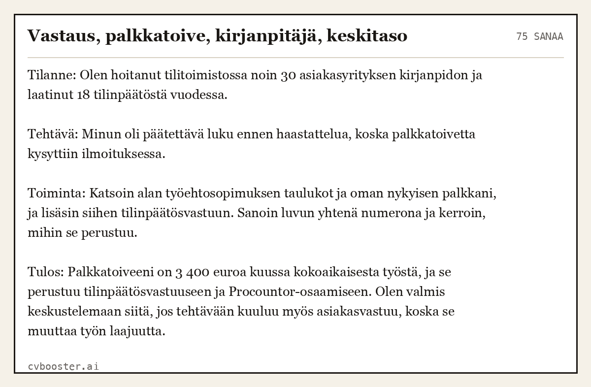 Valmis esimerkki: Vastaus, palkkatoive, kirjanpitäjä, keskitaso, 75 sanaa