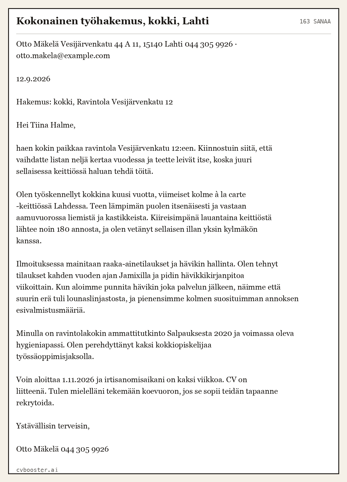 Valmis esimerkki: Kokonainen työhakemus, kokki, Lahti, 163 sanaa