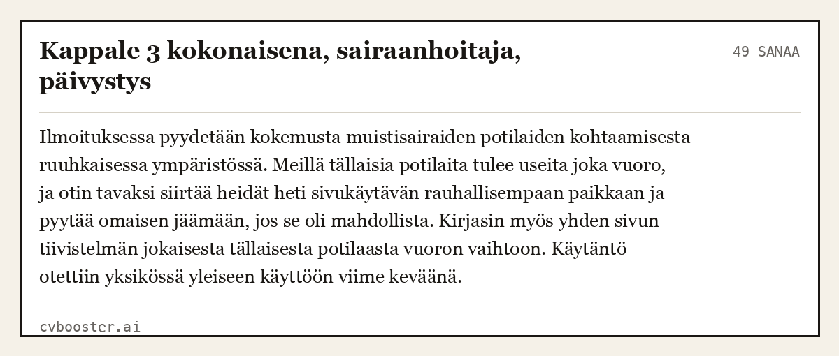 Valmis esimerkki: Kappale 3 kokonaisena, sairaanhoitaja, päivystys, 49 sanaa