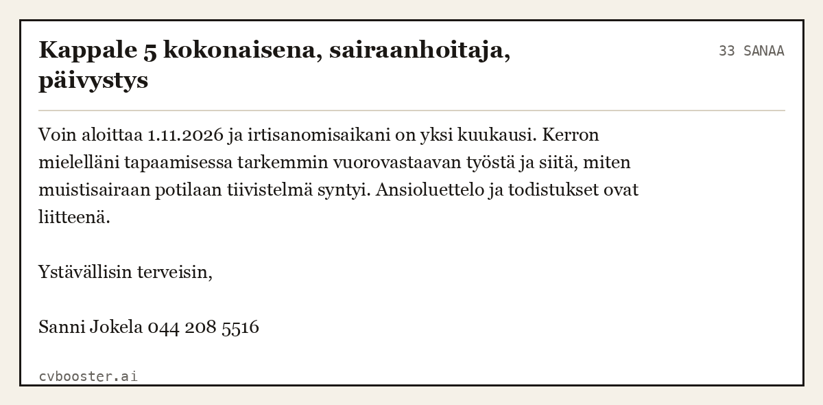 Valmis esimerkki: Kappale 5 kokonaisena, sairaanhoitaja, päivystys, 33 sanaa