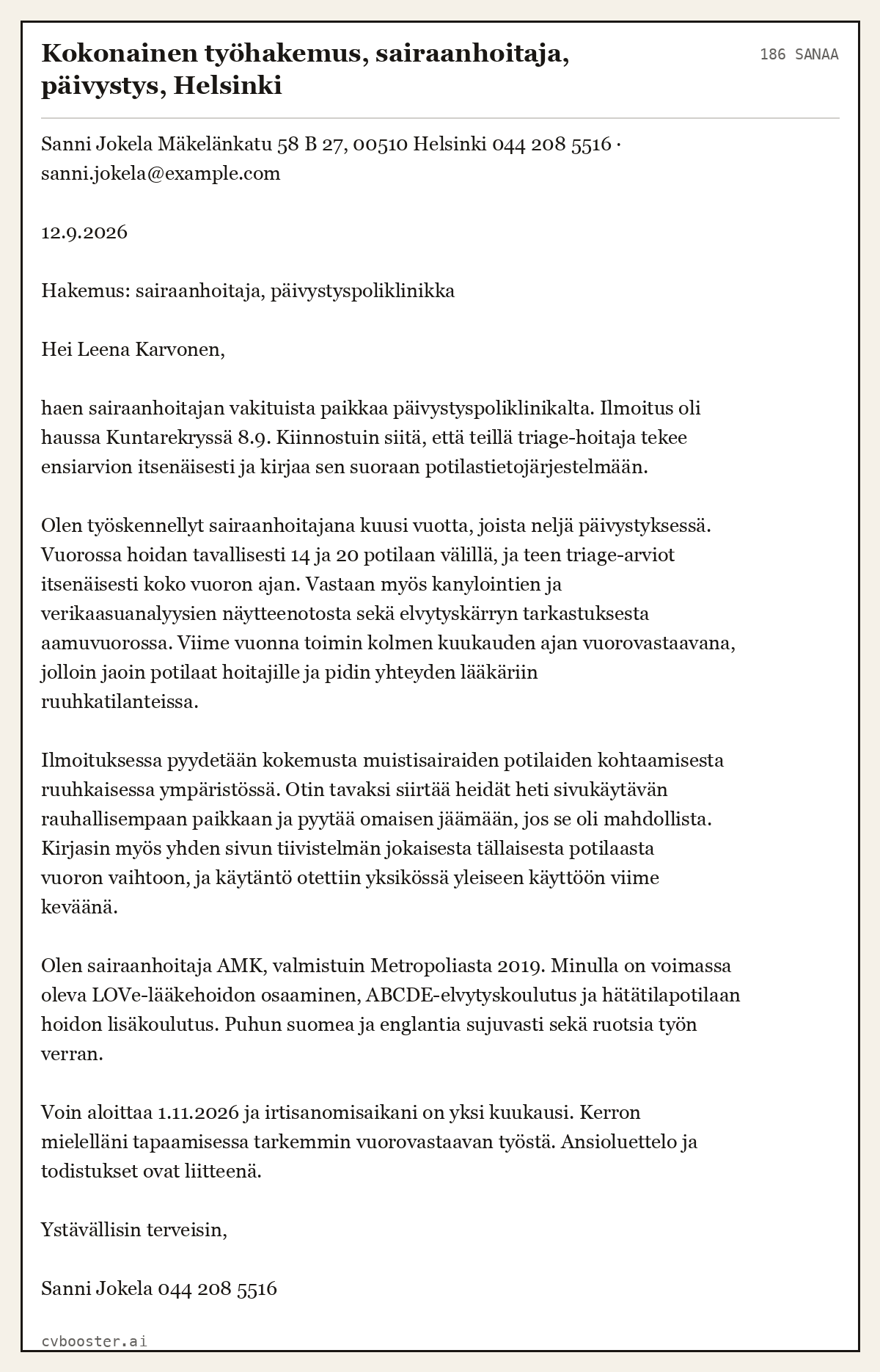 Valmis esimerkki: Kokonainen työhakemus, sairaanhoitaja, päivystys, Helsinki, 186 sanaa