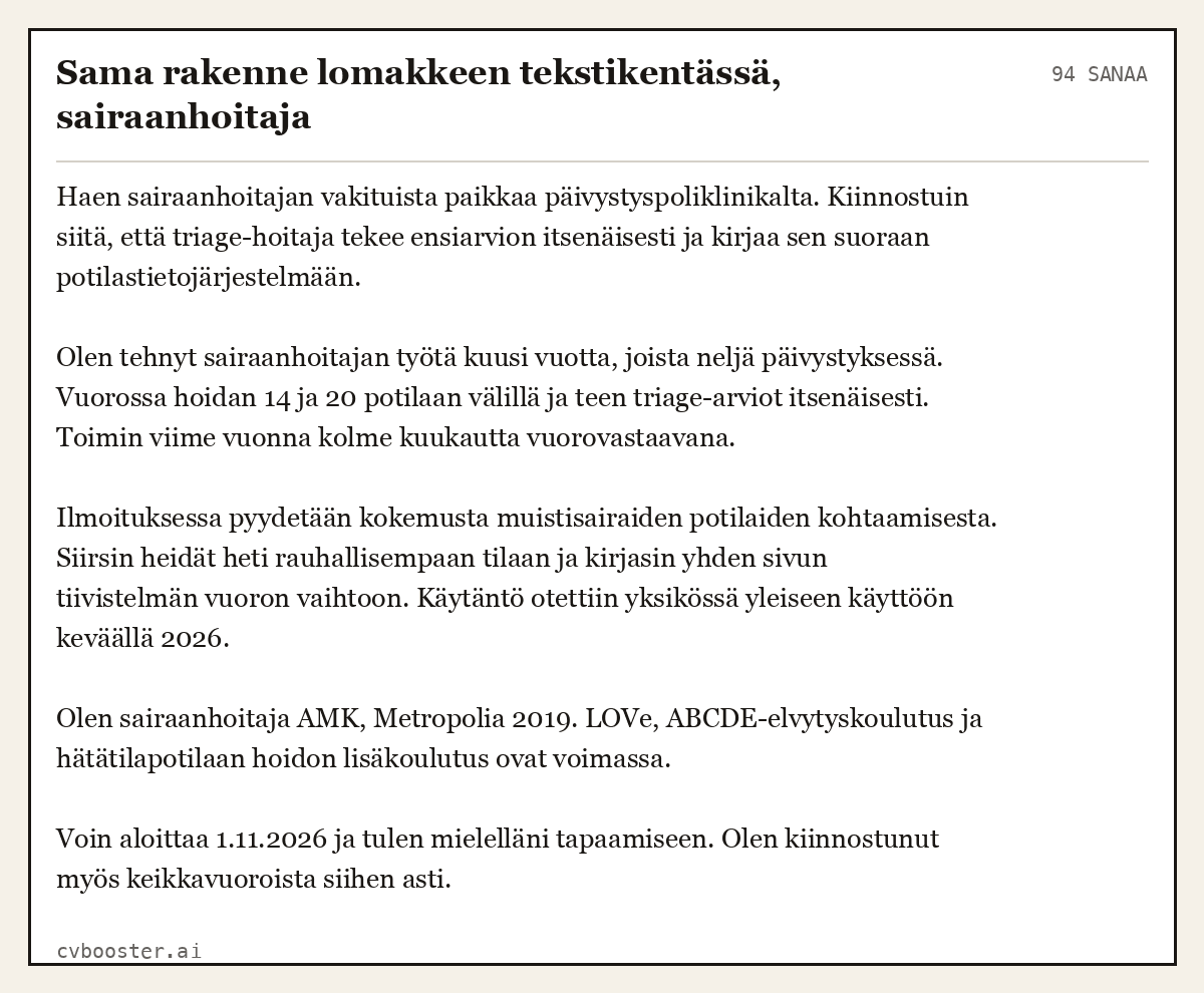 Valmis esimerkki: Sama rakenne lomakkeen tekstikentässä, sairaanhoitaja, 94 sanaa