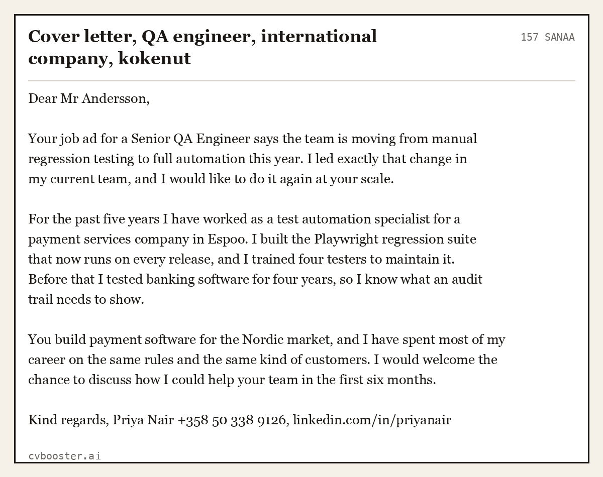 Valmis esimerkki: Cover letter, QA engineer, international company, kokenut, 157 sanaa