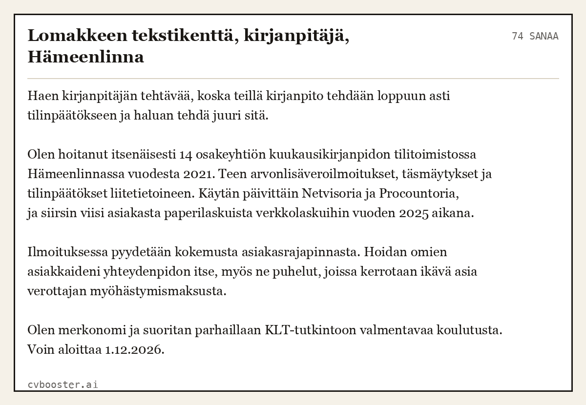 Valmis esimerkki: Lomakkeen tekstikenttä, kirjanpitäjä, Hämeenlinna, 74 sanaa