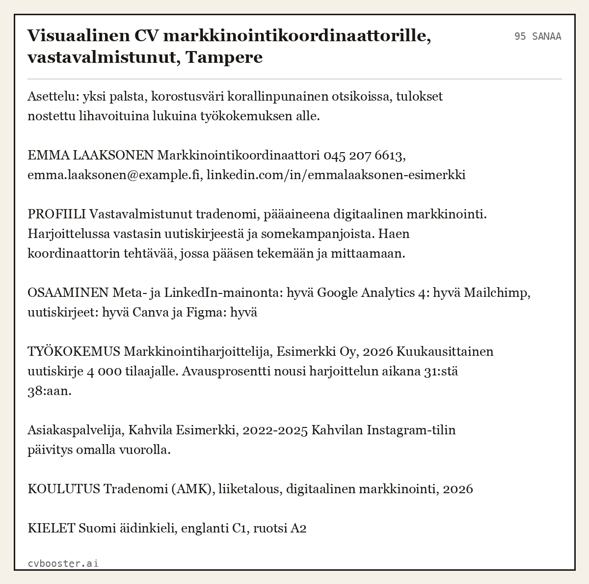 Valmis esimerkki: Visuaalinen CV markkinointikoordinaattorille, vastavalmistunut, Tampere, 95 sanaa