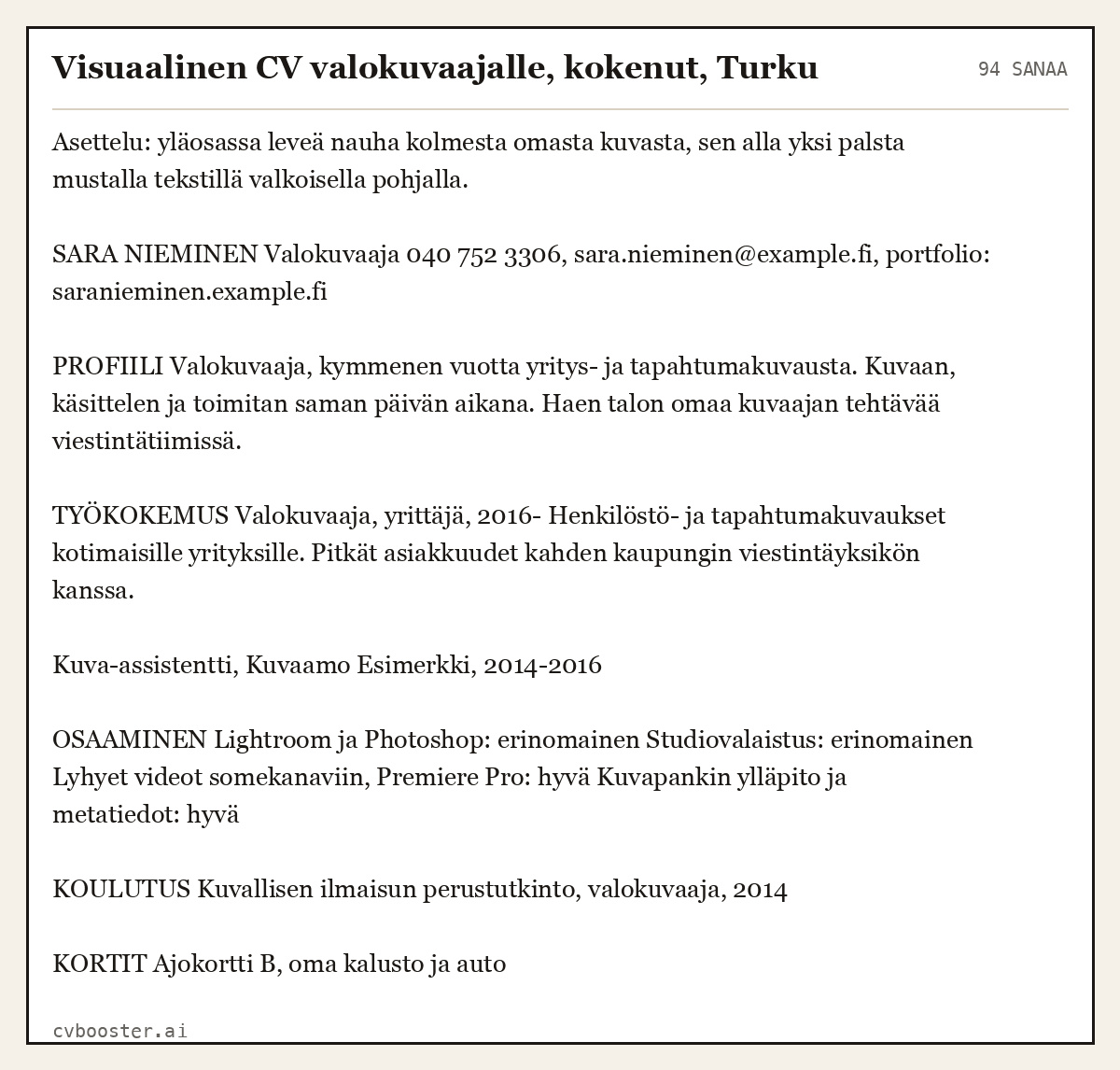 Valmis esimerkki: Visuaalinen CV valokuvaajalle, kokenut, Turku, 94 sanaa