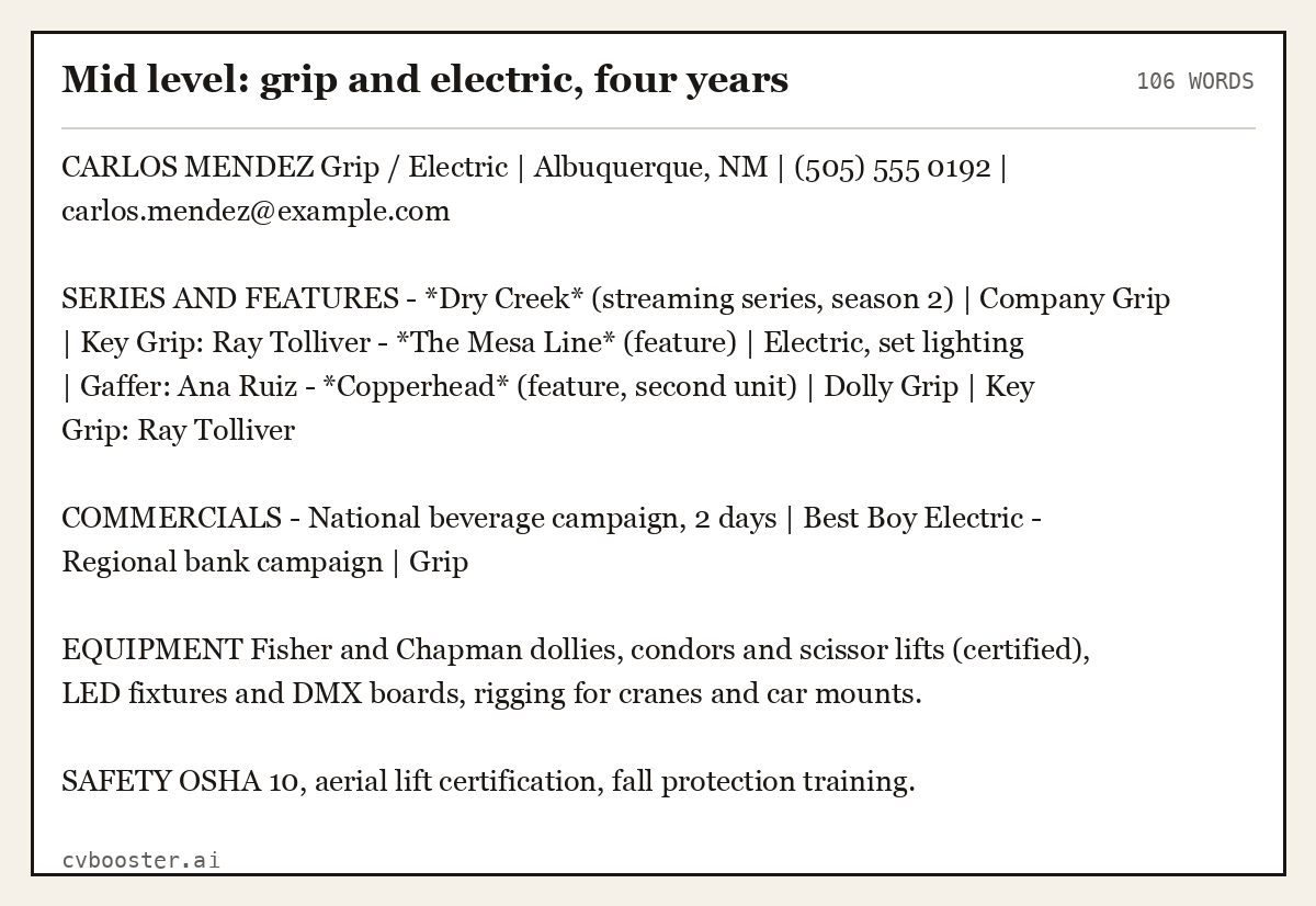 Complete Mid level: grip and electric, four years example, 106 words, laid out as it would sit in the application form