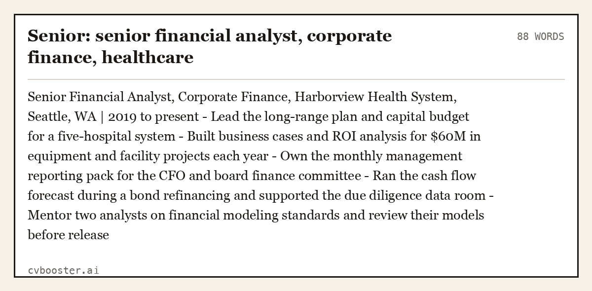 Senior: senior financial analyst, corporate finance, healthcare, complete example, 88 words