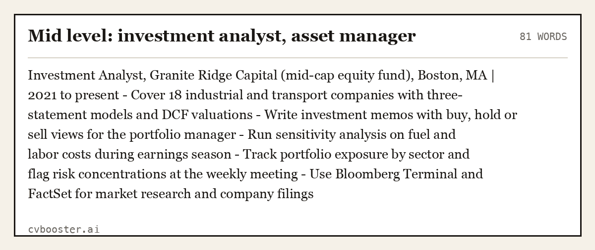 Complete Mid level: investment analyst, asset manager example, 81 words, laid out as it would sit in the application form