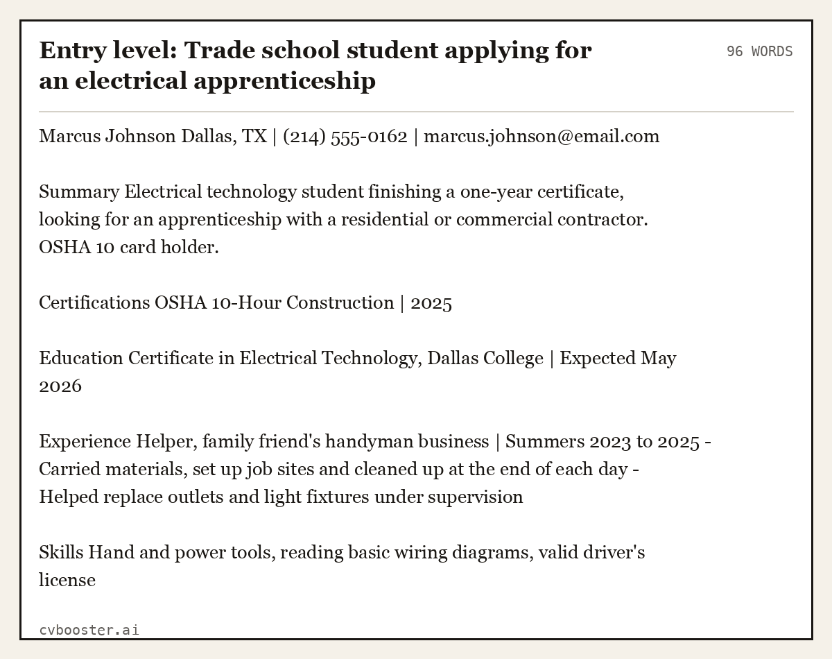 Complete Entry level: Trade school student applying for an electrical apprenticeship example, 96 words, laid out as it would sit in the application form