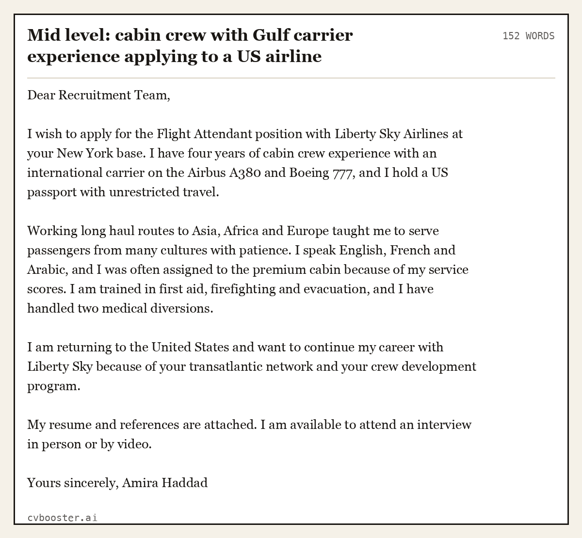 Complete Mid level: cabin crew with Gulf carrier experience applying to a US airline example, 152 words, laid out as it would sit in the application form