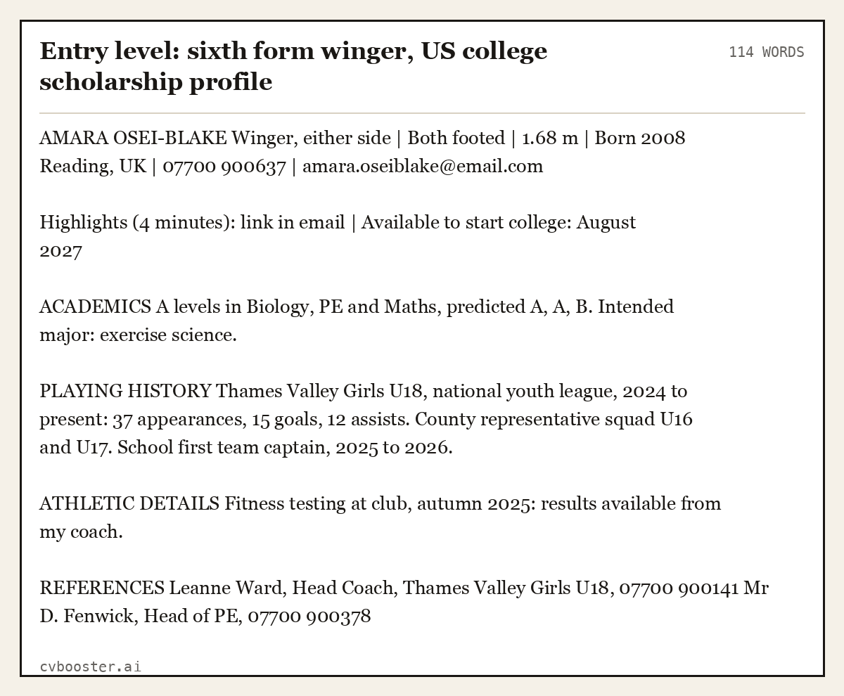 Complete Entry level: sixth form winger, US college scholarship profile example, 114 words, laid out as it would sit in the application form