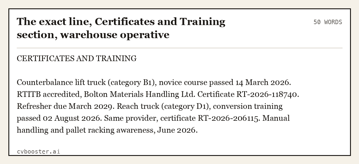 Complete The exact line, Certificates and Training section, warehouse operative example, 50 words, laid out as it would sit in the application form