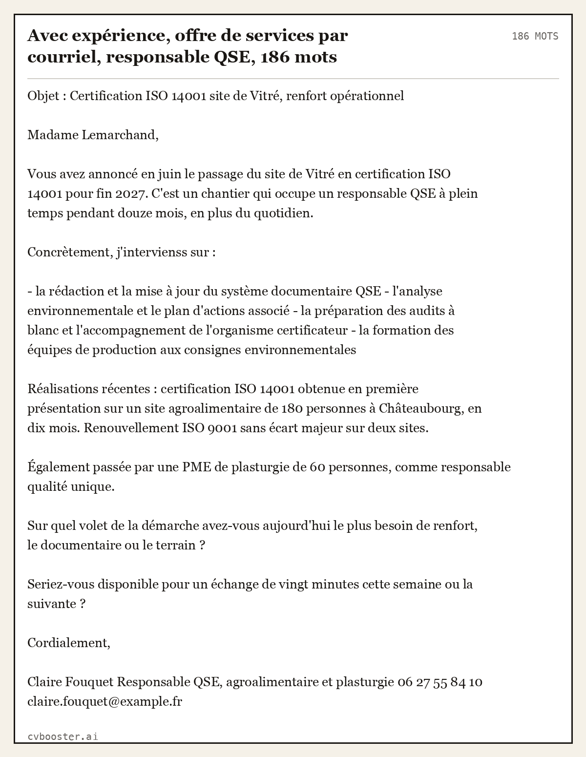 Exemple complet: Avec expérience, offre de services par courriel, responsable QSE, 186 mots, 186 mots