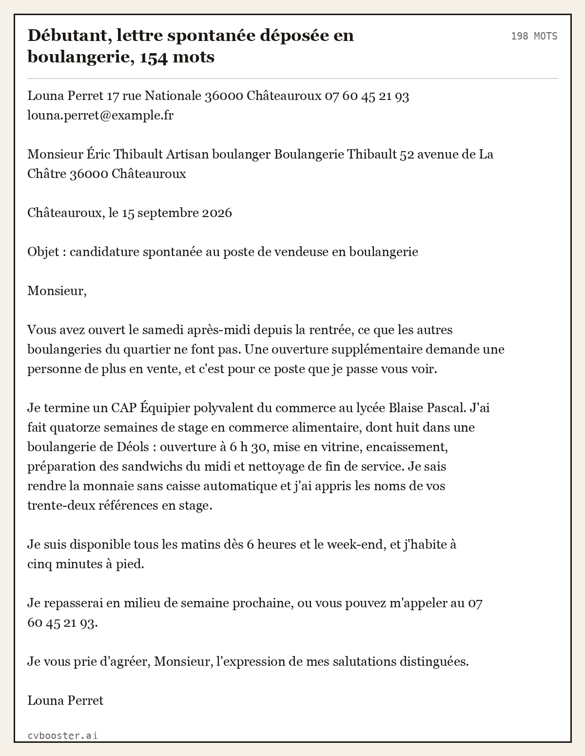 Exemple complet: Débutant, lettre spontanée déposée en boulangerie, 154 mots, 198 mots