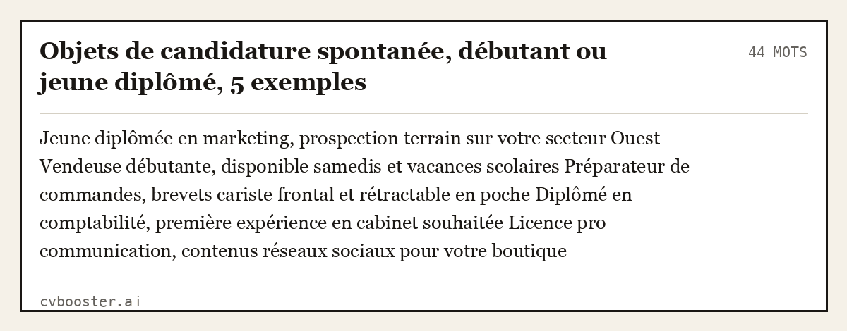 Exemple complet: Objets de candidature spontanée, débutant ou jeune diplômé, 5 exemples, 44 mots