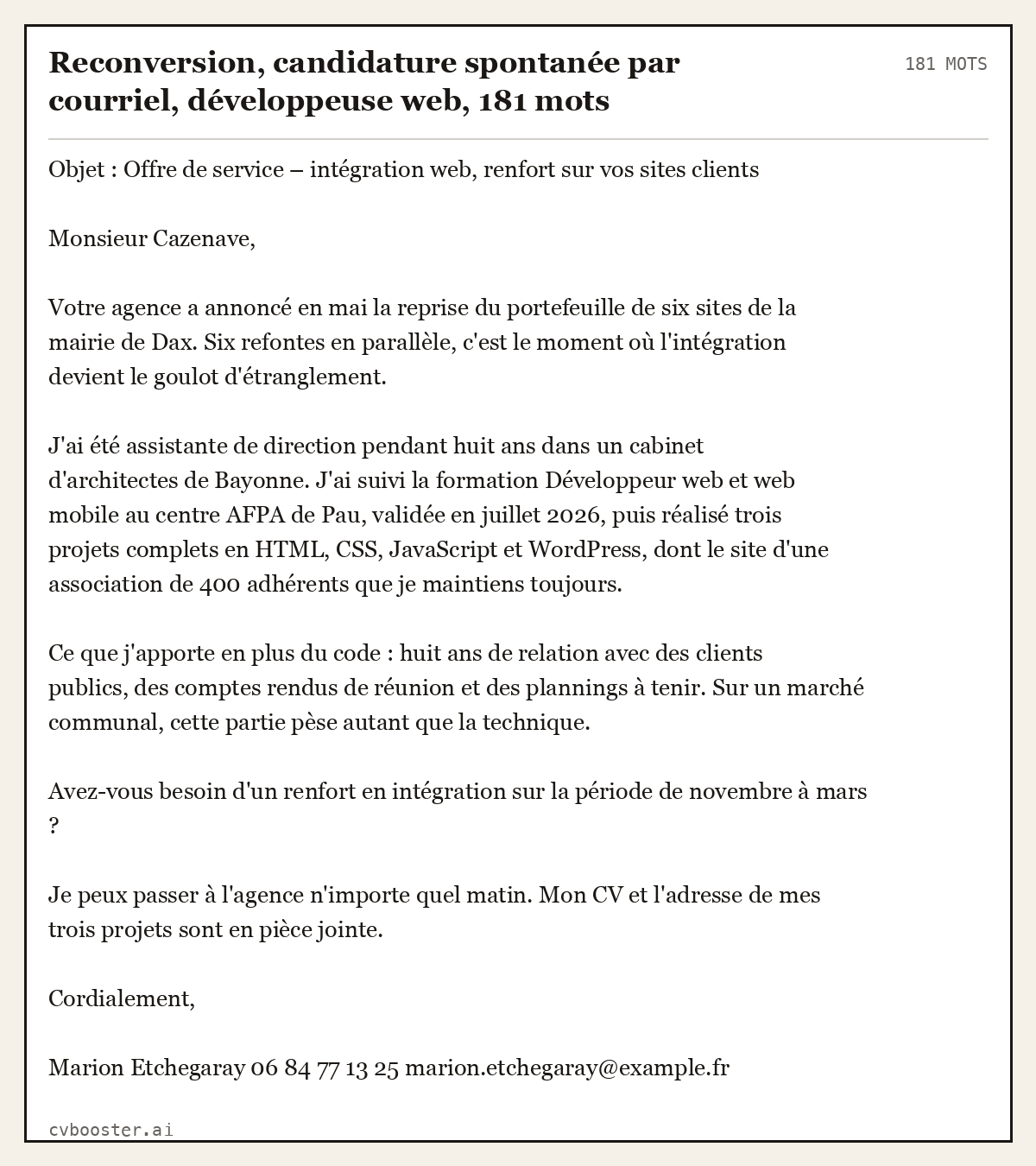 Exemple complet: Reconversion, candidature spontanée par courriel, développeuse web, 181 mots, 181 mots