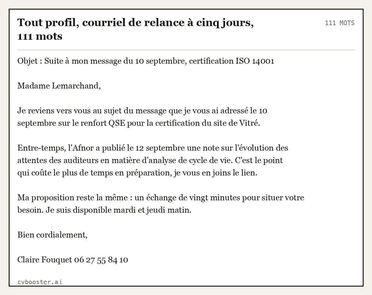 Exemple complet: Tout profil, courriel de relance à cinq jours, 111 mots, 111 mots