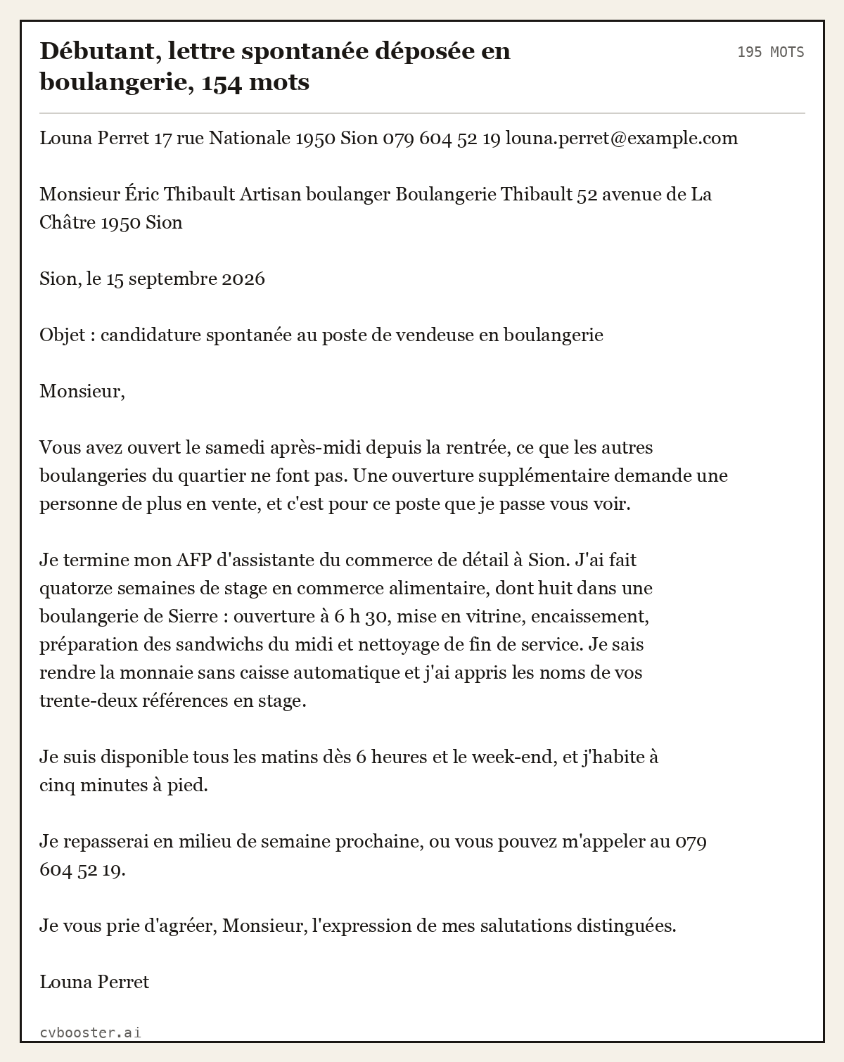 Exemple complet: Débutant, lettre spontanée déposée en boulangerie, 154 mots, 195 mots