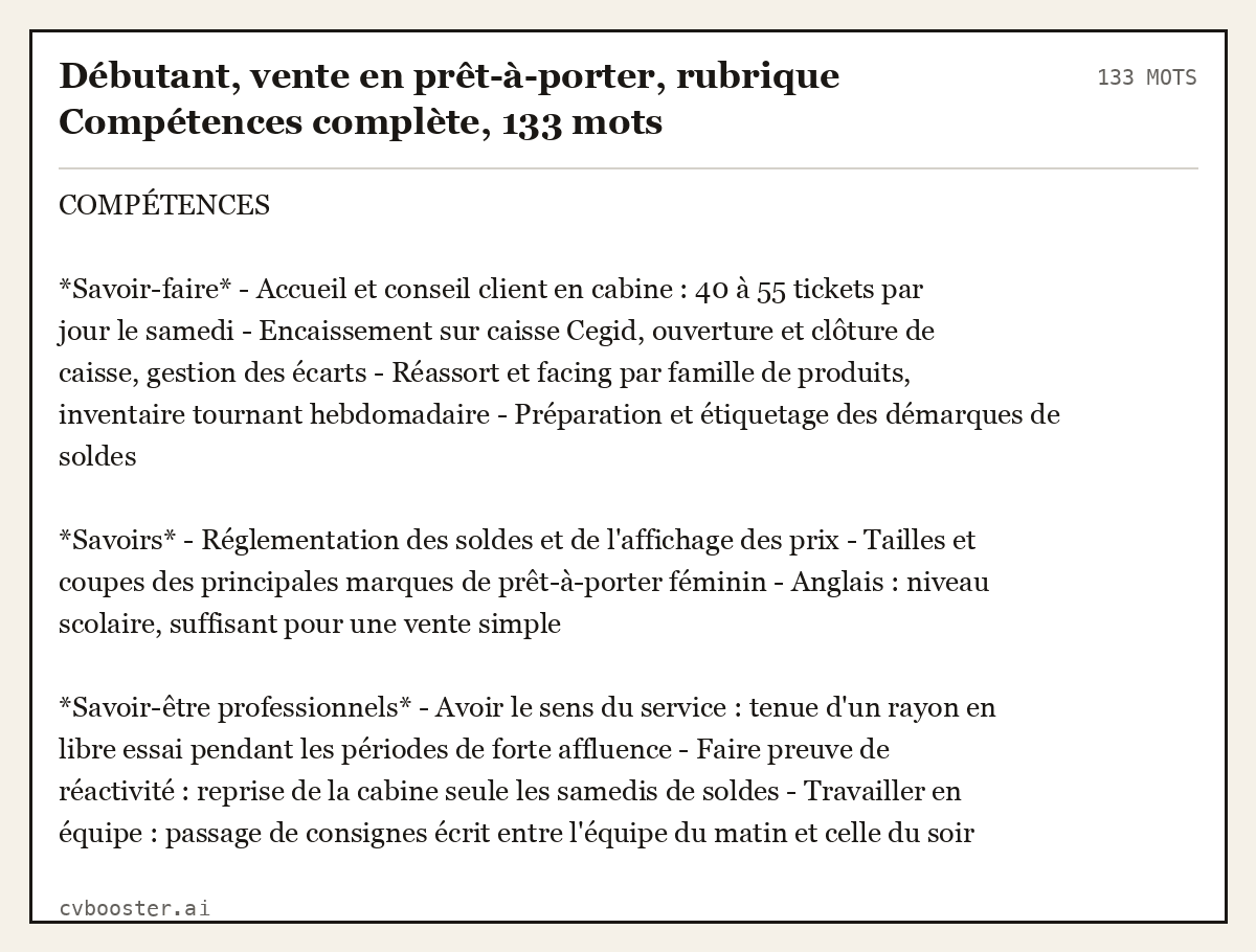 Exemple complet: Débutant, vente en prêt-à-porter, rubrique Compétences complète, 133 mots, 133 mots