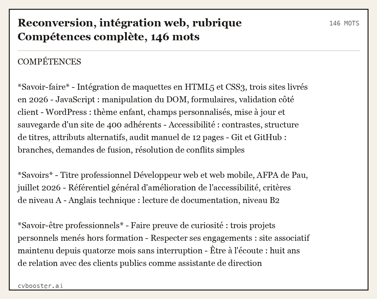Exemple complet: Reconversion, intégration web, rubrique Compétences complète, 146 mots, 146 mots