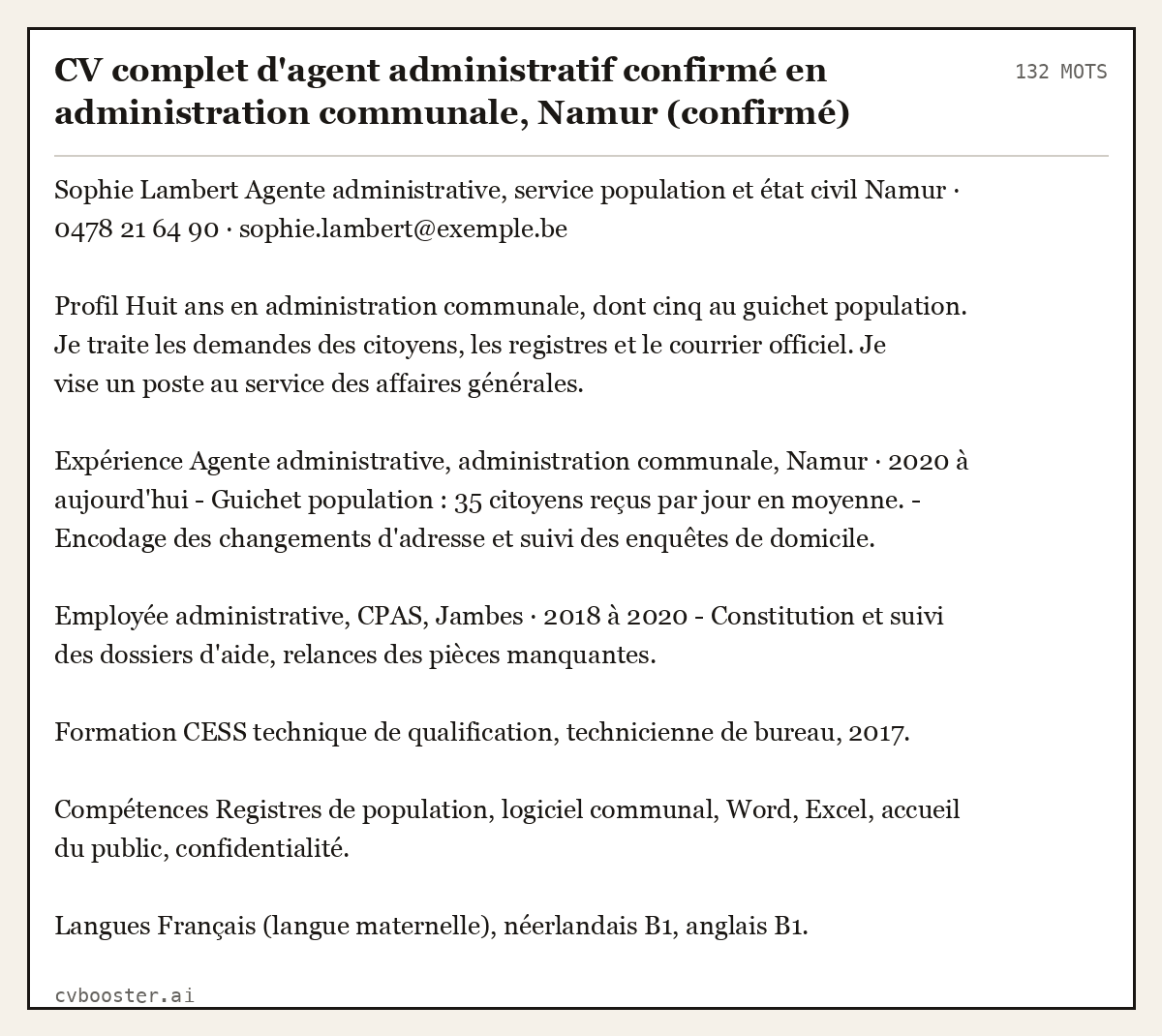 Exemple complet: CV complet d'agent administratif confirmé en administration communale, Namur (confirmé), 132 mots