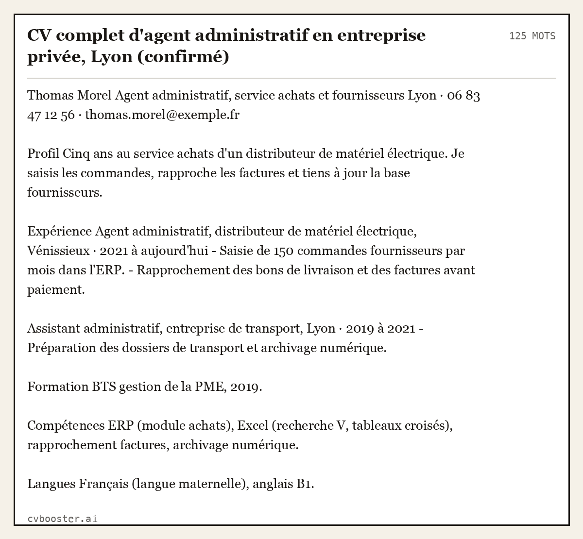 Exemple complet: CV complet d'agent administratif en entreprise privée, Lyon (confirmé), 125 mots
