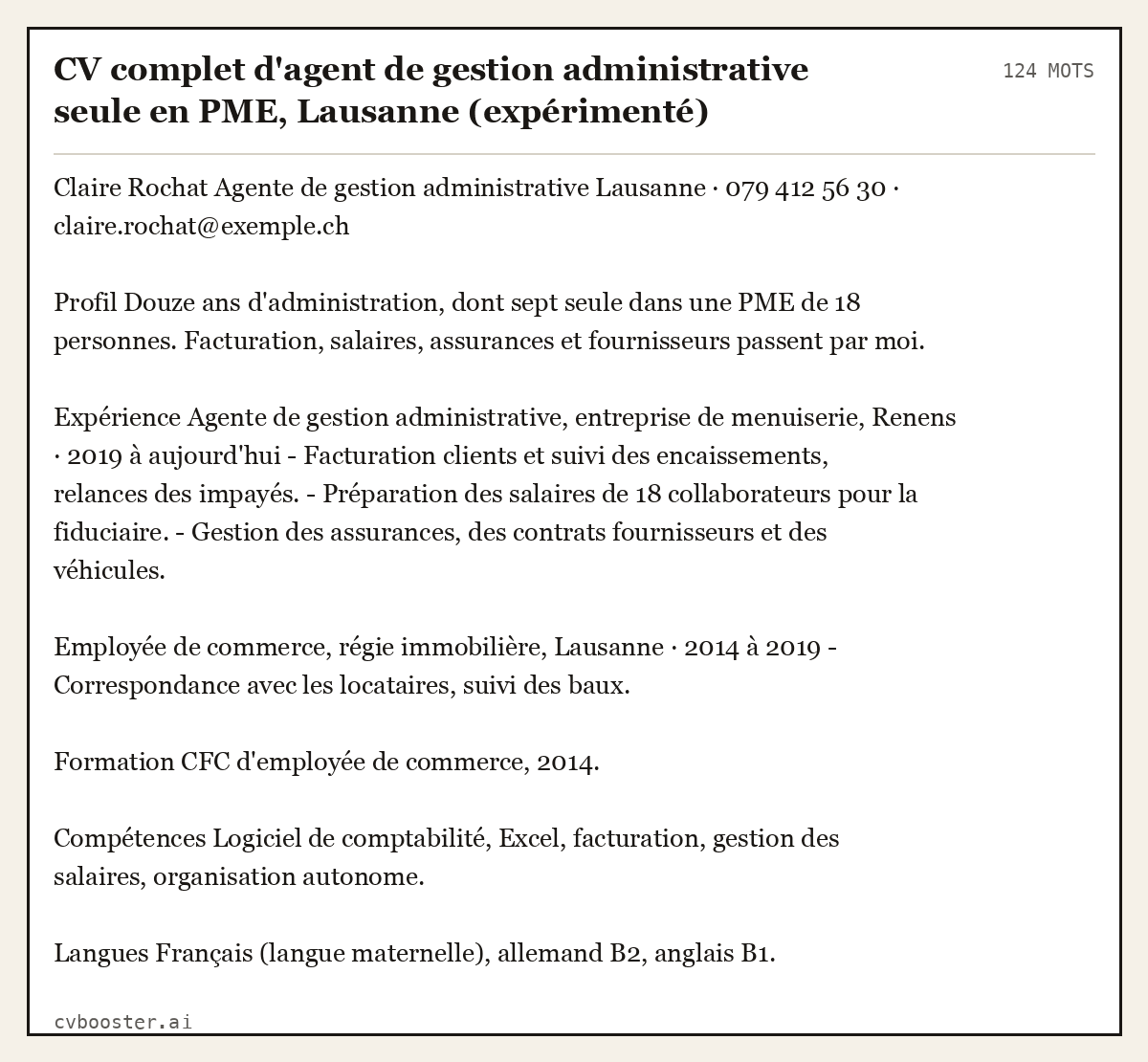Exemple complet: CV complet d'agent de gestion administrative seule en PME, Lausanne (expérimenté), 124 mots