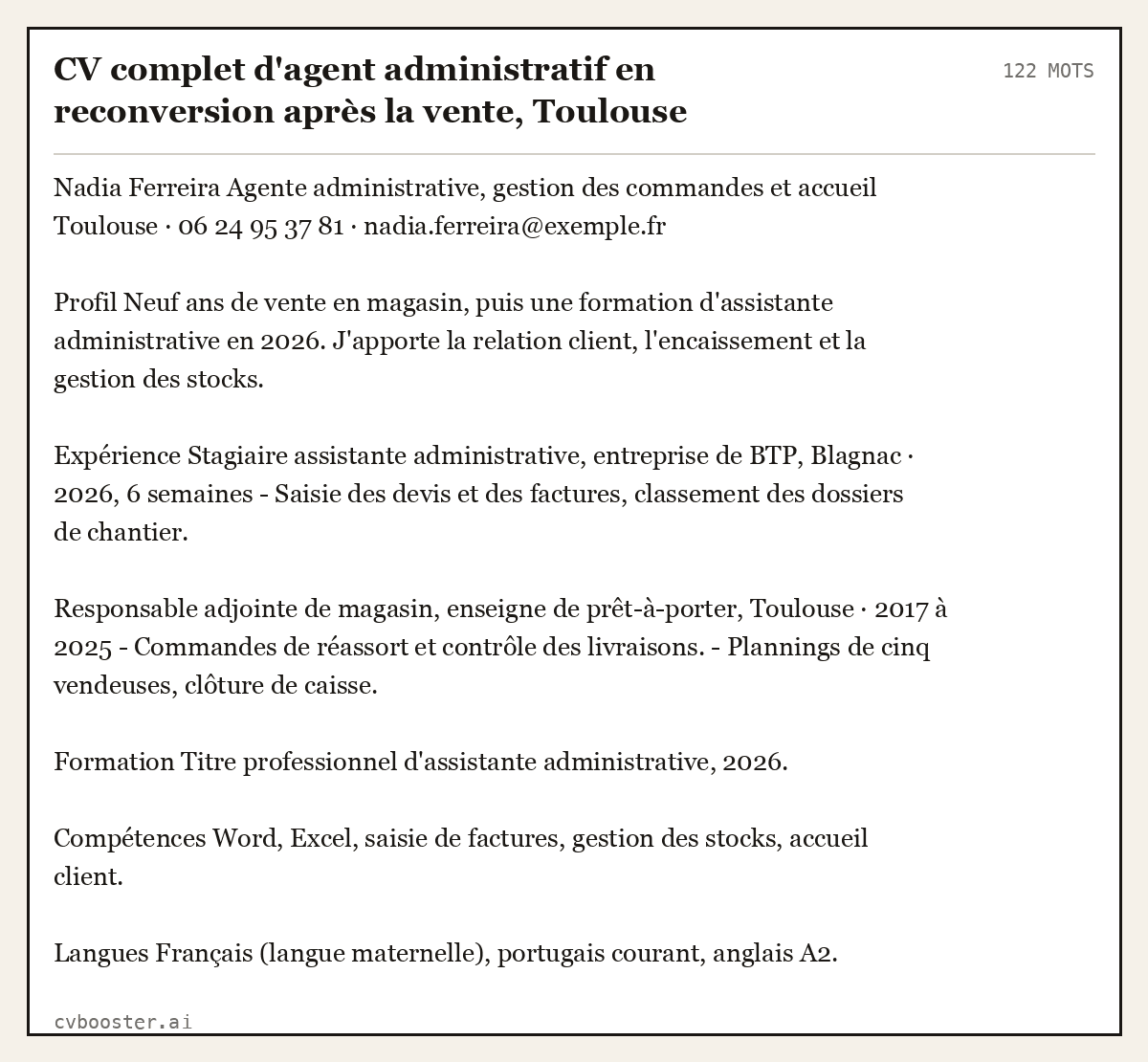 Exemple complet: CV complet d'agent administratif en reconversion après la vente, Toulouse (débutant), 122 mots