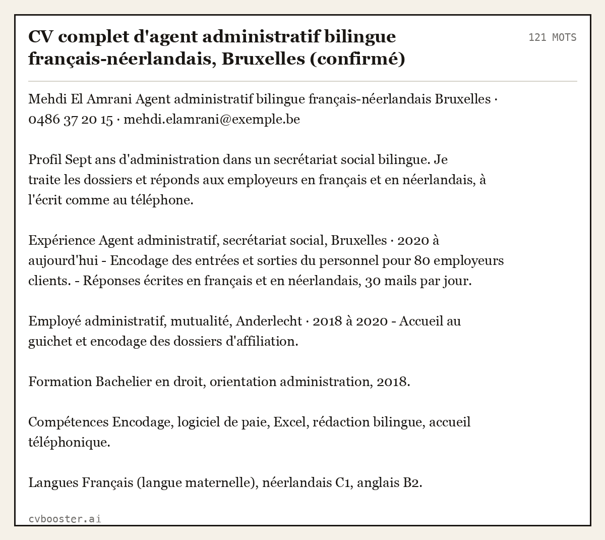 Exemple complet: CV complet d'agent administratif bilingue français-néerlandais, Bruxelles (confirmé), 121 mots