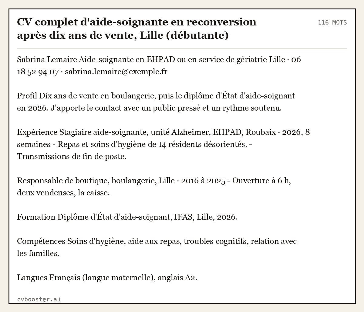 Exemple complet: CV complet d'aide-soignante en reconversion après dix ans de vente, Lille (débutante), 116 mots