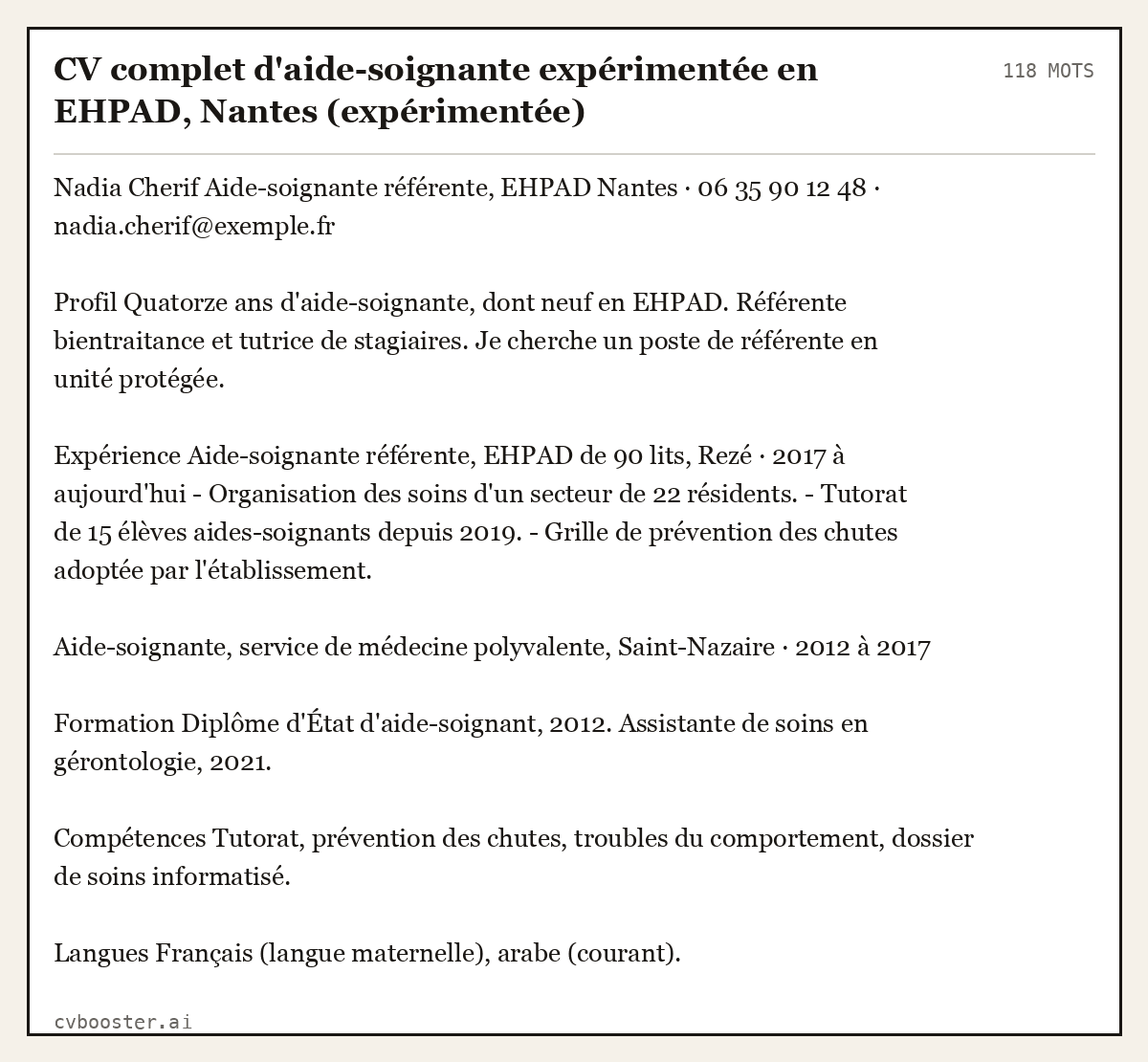 Exemple complet: CV complet d'aide-soignante expérimentée en EHPAD, Nantes (expérimentée), 118 mots