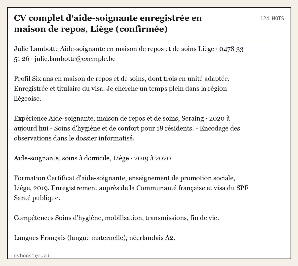 Exemple complet: CV complet d'aide-soignante enregistrée en maison de repos, Liège (confirmée), 124 mots