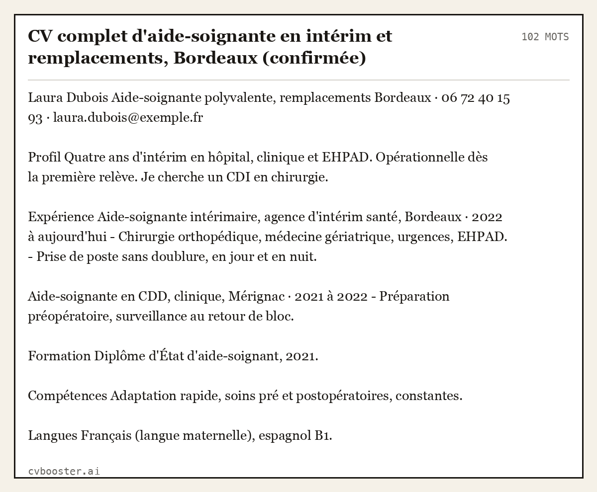 Exemple complet: CV complet d'aide-soignante en intérim et remplacements, Bordeaux (confirmée), 102 mots